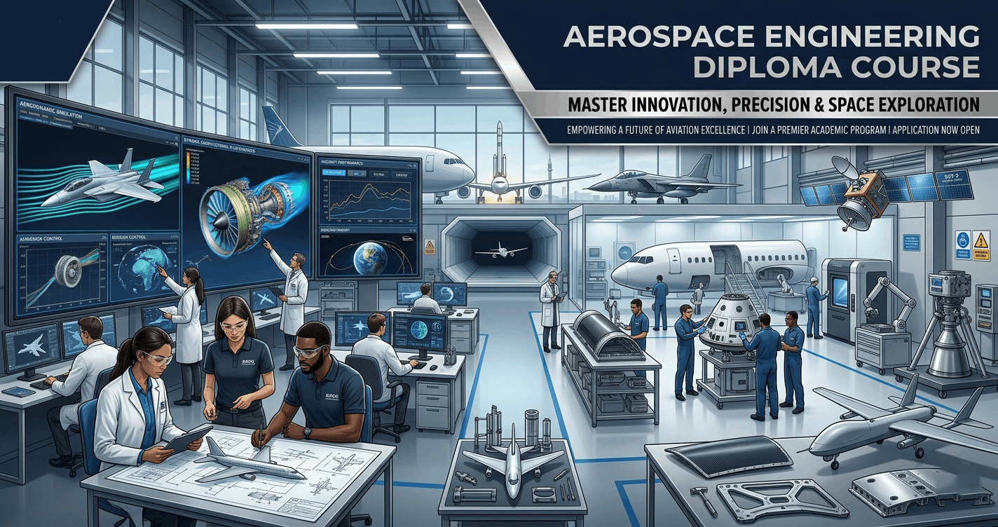 Aerospace Engineering Diploma learners analysing aircraft designs, spacecraft systems, and flight simulation technology