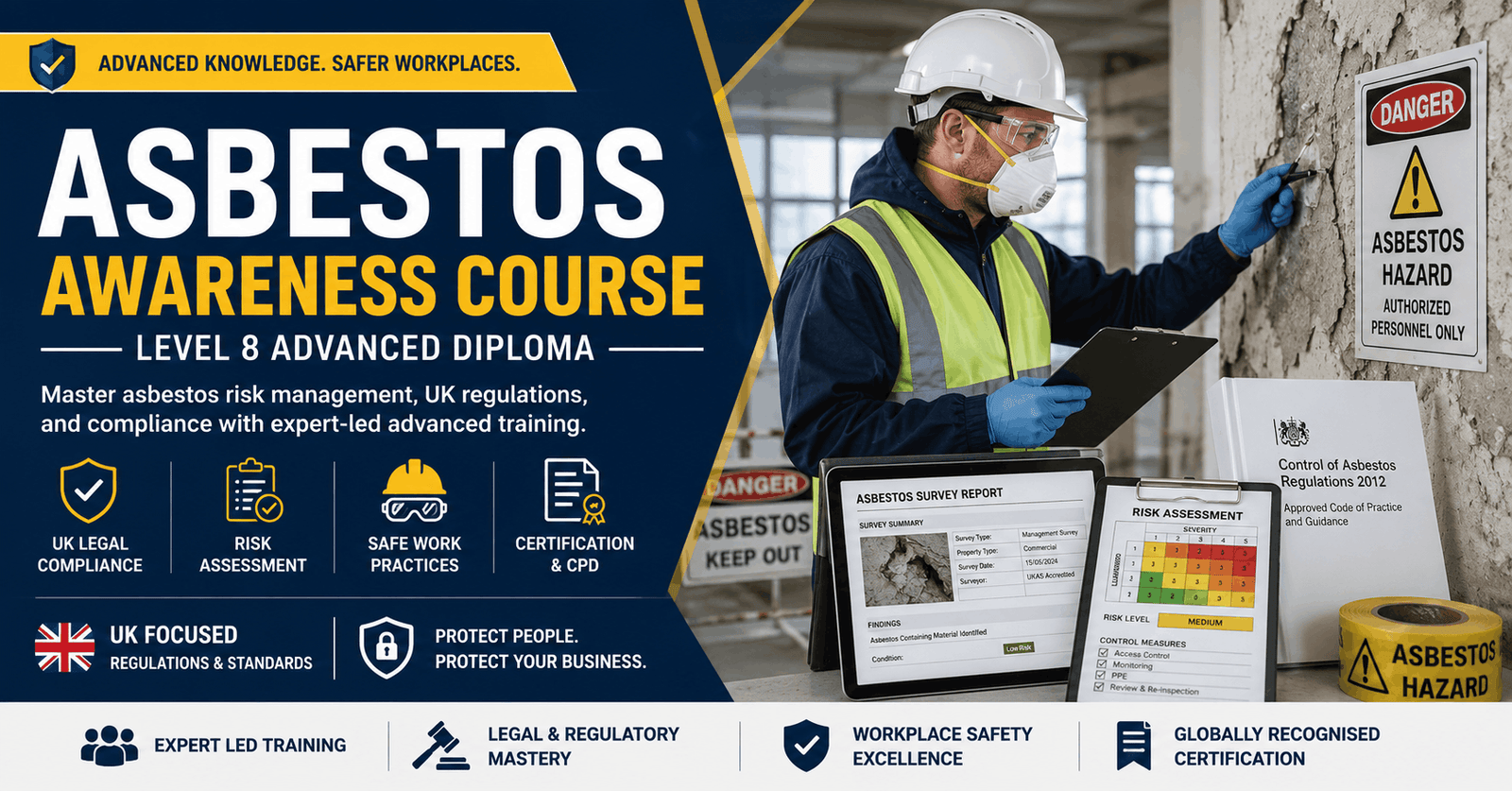 Professional asbestos inspection training banner for Asbestos Awareness Course Level 8 Advanced Diploma