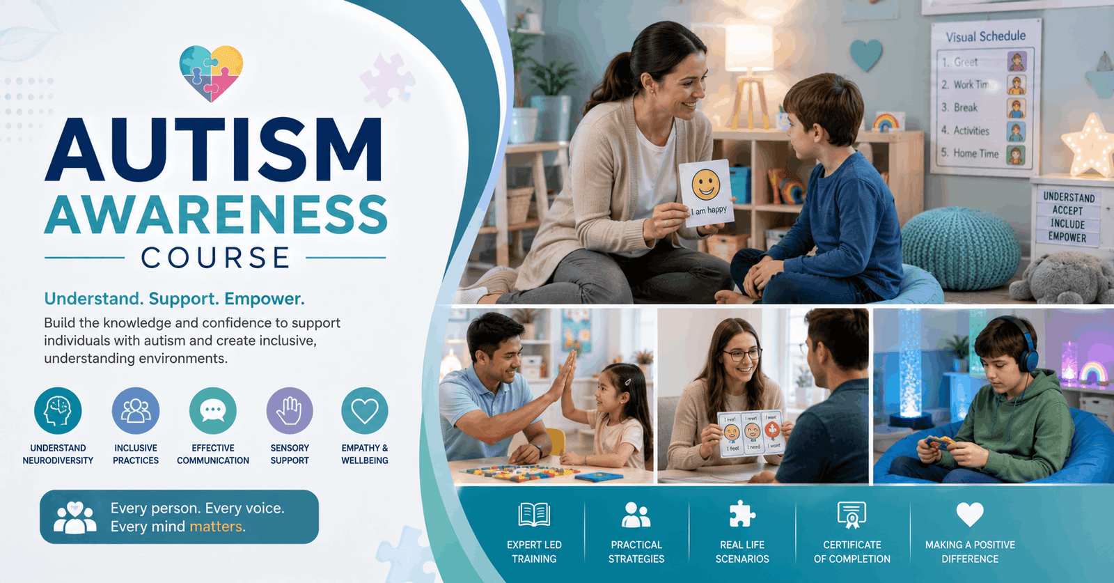 Autism Awareness Course showing supportive professionals helping autistic individuals in an inclusive environment