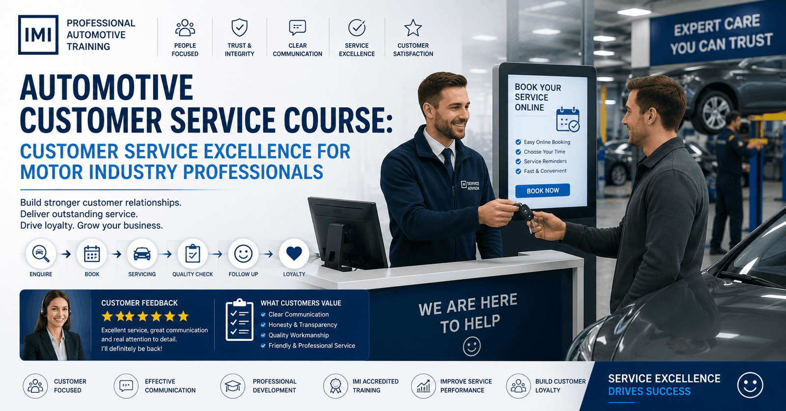 Automotive service advisor interacting with customer, communication and support training for Automotive Customer Service Course