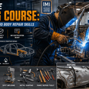 Automotive workshop welding car body panels, MIG and TIG welding, repair tools for Automotive Welding Course
