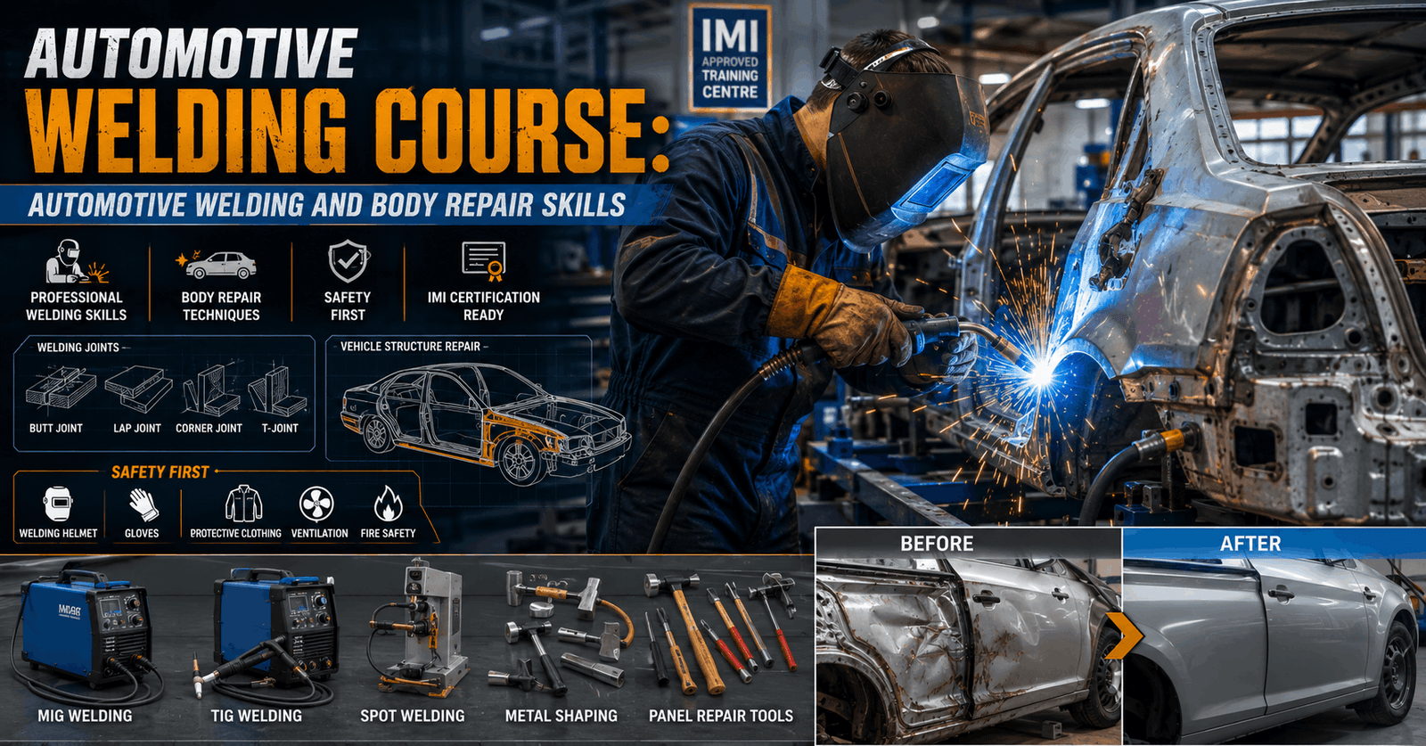 Automotive workshop welding car body panels, MIG and TIG welding, repair tools for Automotive Welding Course