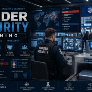Professional border officers monitoring surveillance systems during border security training and counterterrorism operations