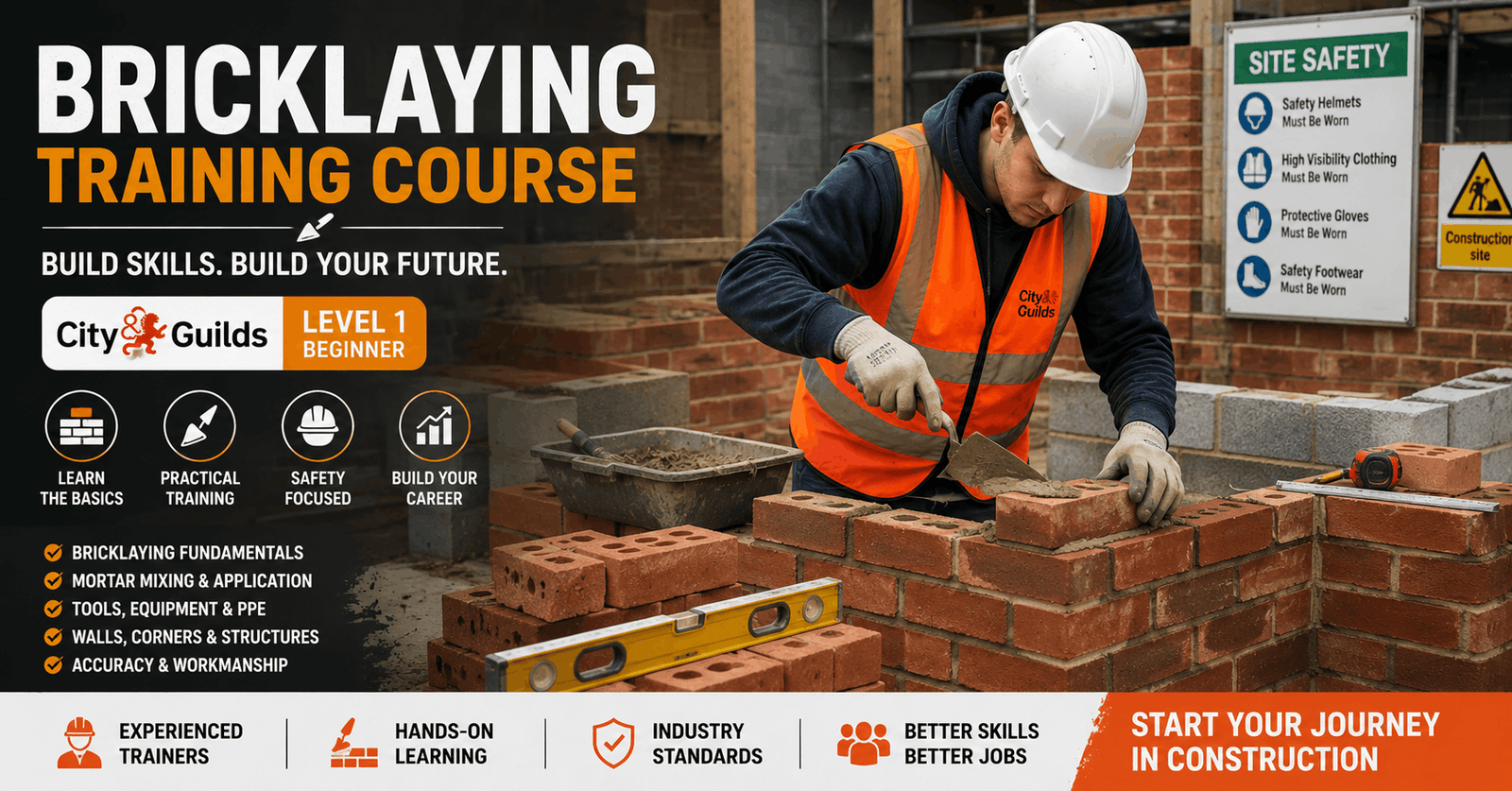 Bricklaying Training Course showing brick walls, blockwork, trowel work, and construction site bricklaying skills for beginners