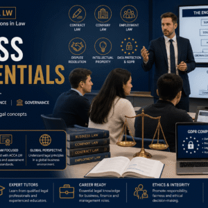 Business law essentials showing students studying legal documents, contracts and corporate law concepts in classroom