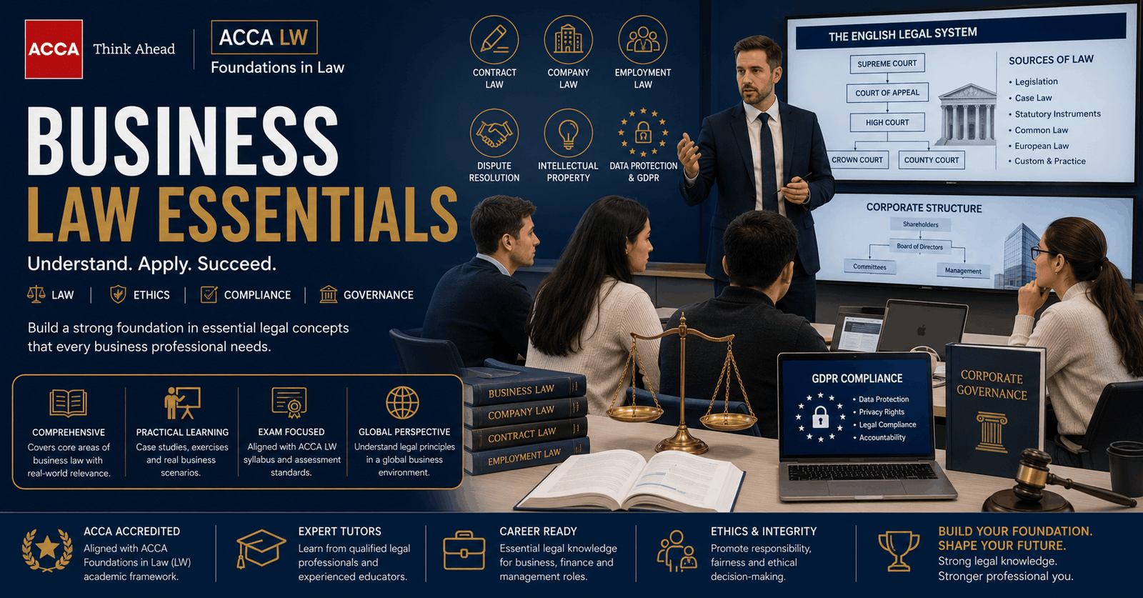Business law essentials showing students studying legal documents, contracts and corporate law concepts in classroom