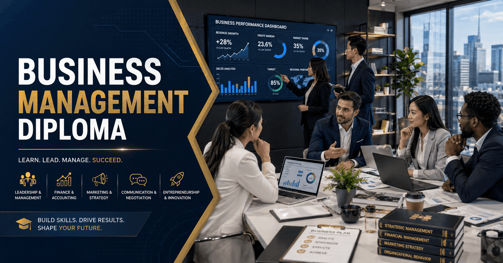 Students learning business strategy, leadership, and finance in a modern office during Business Management Diploma training