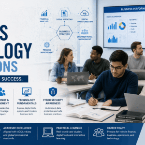 Business technology foundations showing students studying accounting systems, leadership and digital business concepts in classroom