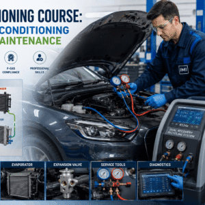 Automotive technician servicing car AC system, refrigerant tools, compressor and diagnostics for Car Air Conditioning Course