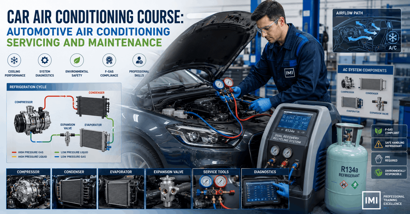 Automotive technician servicing car AC system, refrigerant tools, compressor and diagnostics for Car Air Conditioning Course