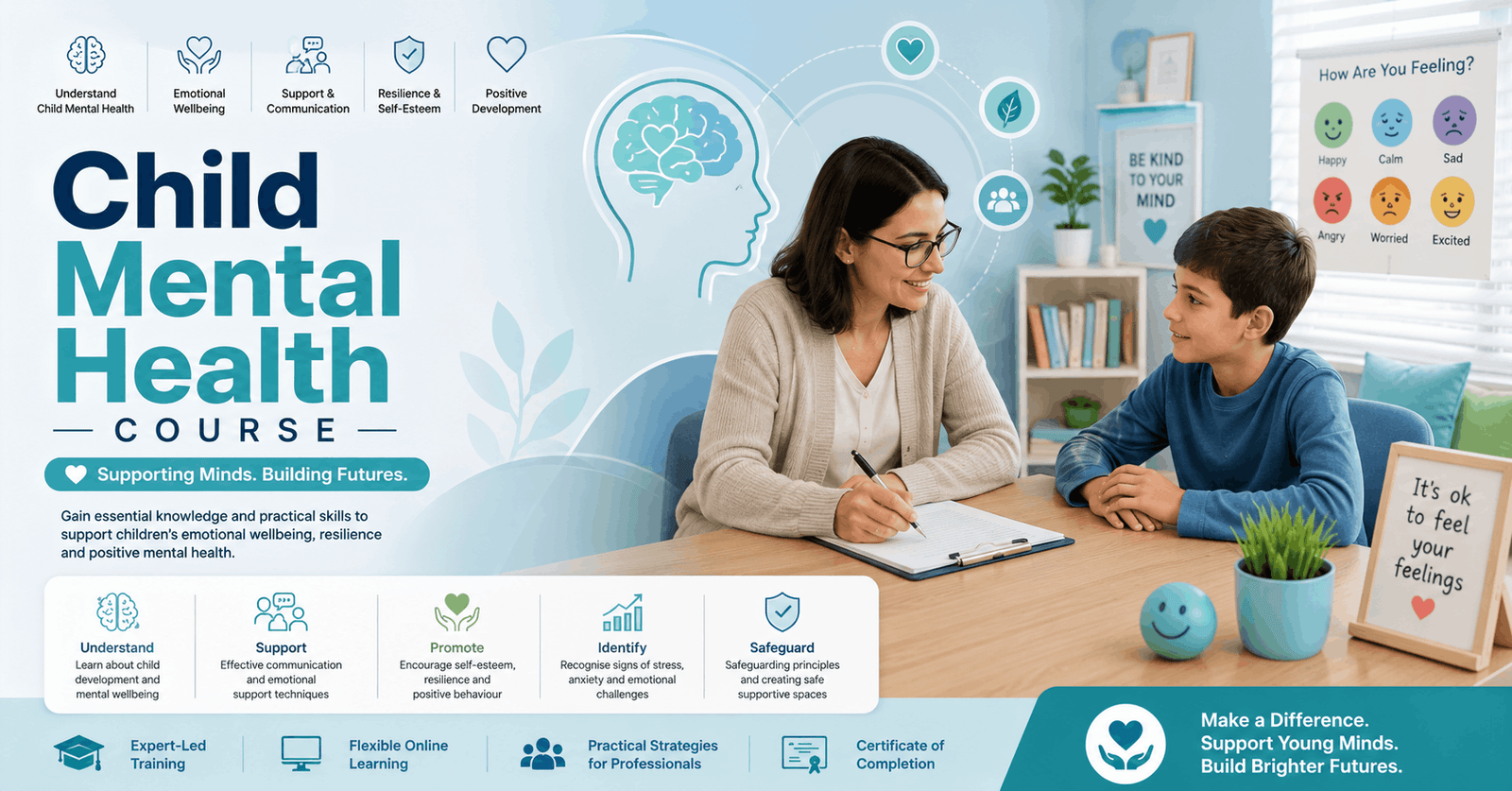 Professional training banner for Child Mental Health course showing child wellbeing support in a safe learning environment