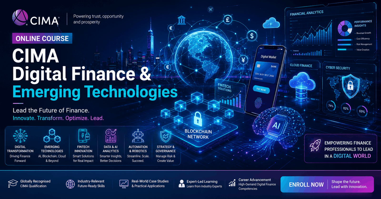Digital finance dashboard showing AI, blockchain and FinTech systems for CIMA Digital Finance and emerging technologies