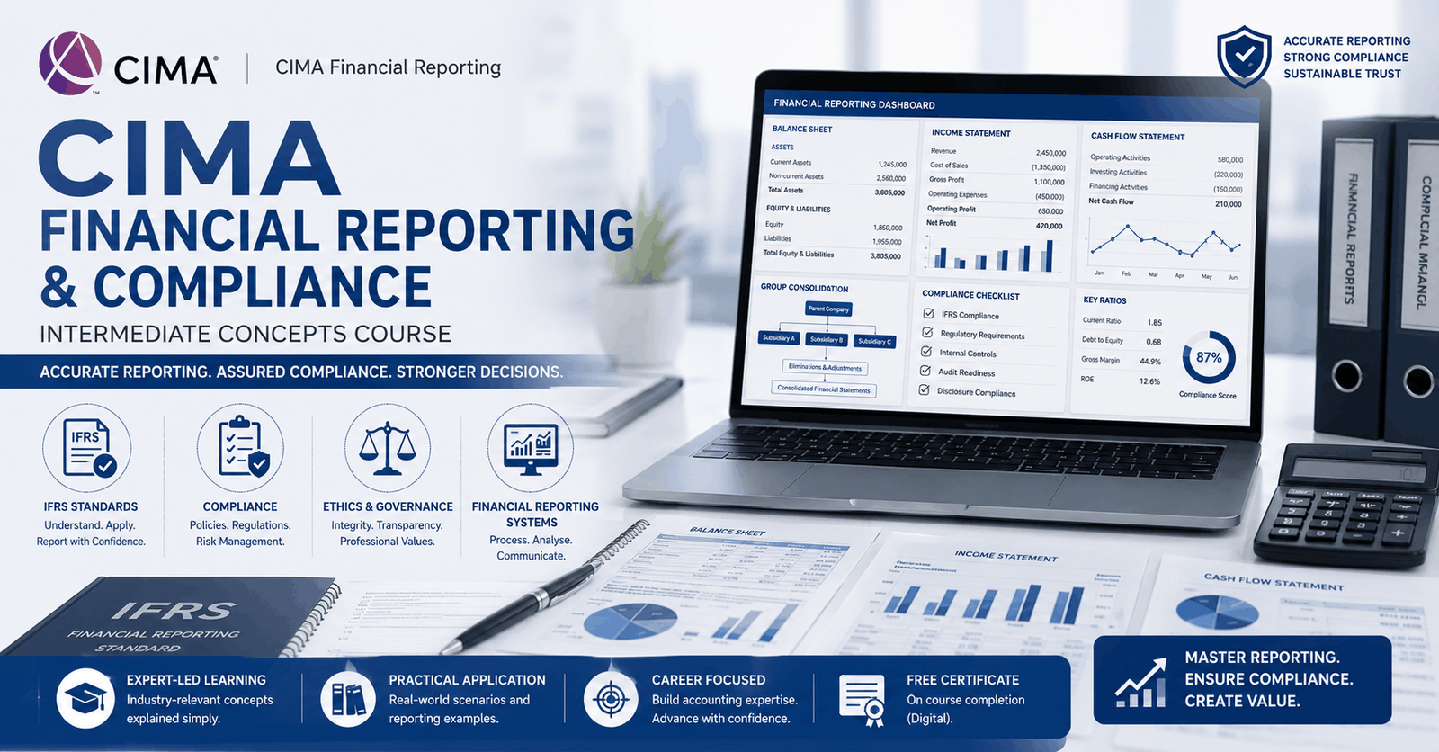 CIMA Financial Reporting course covering IFRS, financial statements, group accounts and compliance frameworks