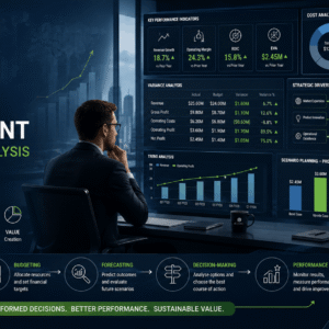 Business dashboard showing KPIs, cost analysis and strategy for CIMA Strategic Management Accounting and performance control