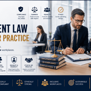 HR professional reviewing legal documents for CIPD Employment Law and ethical HR practice in workplace compliance setting