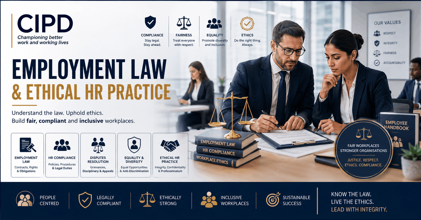 HR professional reviewing legal documents for CIPD Employment Law and ethical HR practice in workplace compliance setting