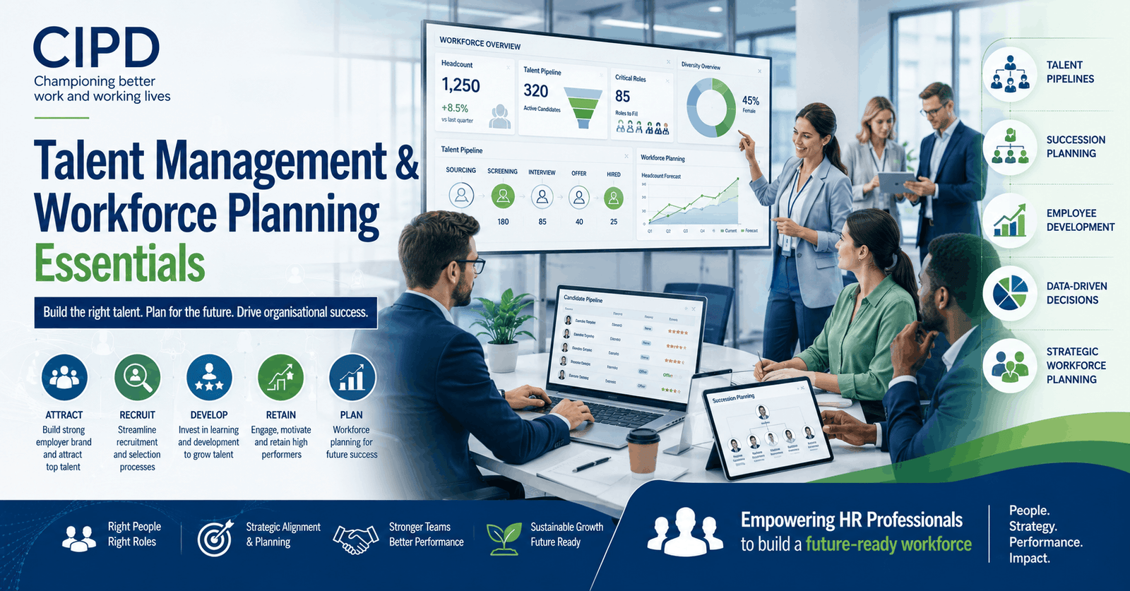 HR team planning workforce strategy, recruitment and analytics for CIPD Talent Management and workforce planning essentials