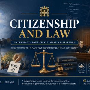 Citizenship and Law Course showing UK government, law system, parliament, justice, and civic education concepts
