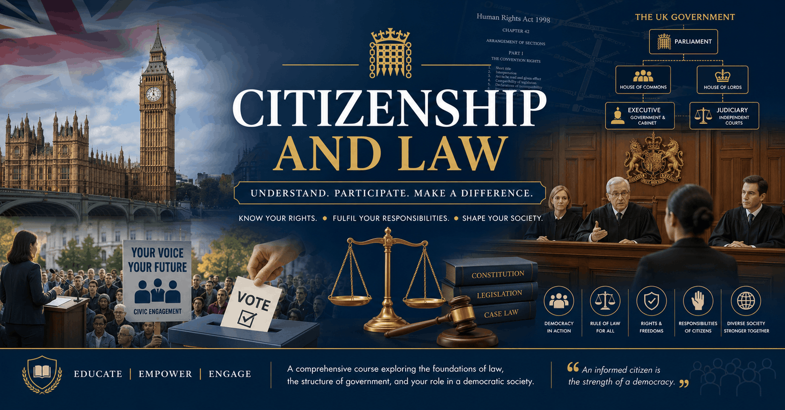 Citizenship and Law Course showing UK government, law system, parliament, justice, and civic education concepts