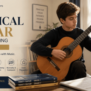 Student practicing classical guitar grades 1–3 with focused posture, sheet music, and Trinity exam preparation setting