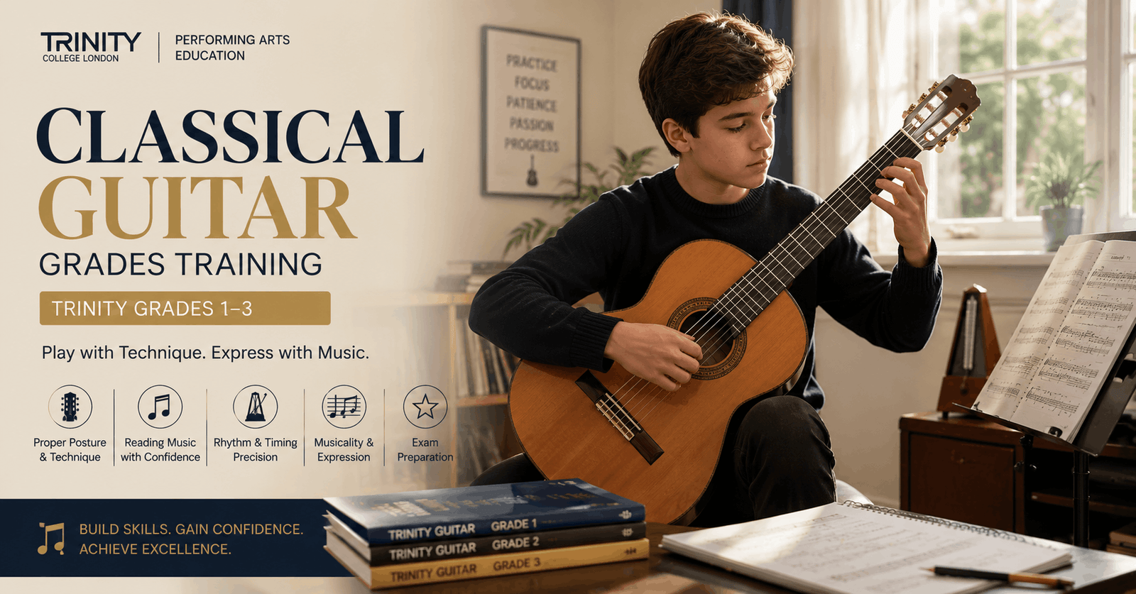 Student practicing classical guitar grades 1–3 with focused posture, sheet music, and Trinity exam preparation setting