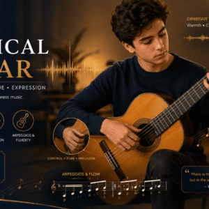 Student learning Classical Guitar with posture, finger technique, and expressive performance practice for ABRSM preparation