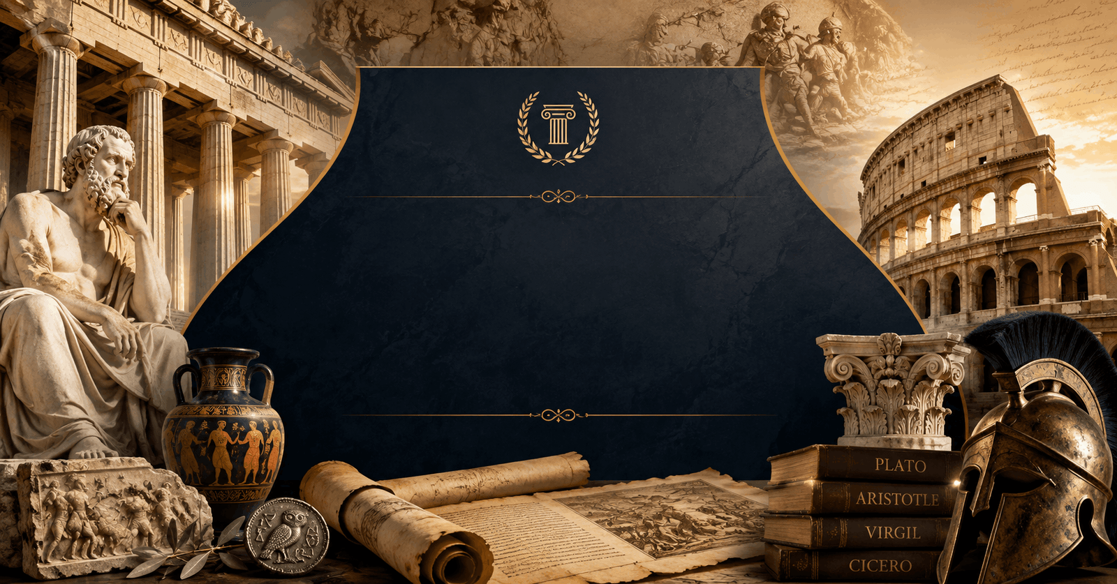 Classical Studies Diploma banner featuring Greek columns, Roman architecture, and ancient manuscripts