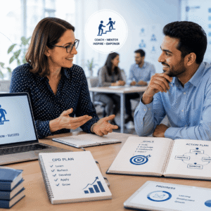 Coaching and mentoring CIPD course showing mentor session, CPD planning notes, reflective discussion and professional development