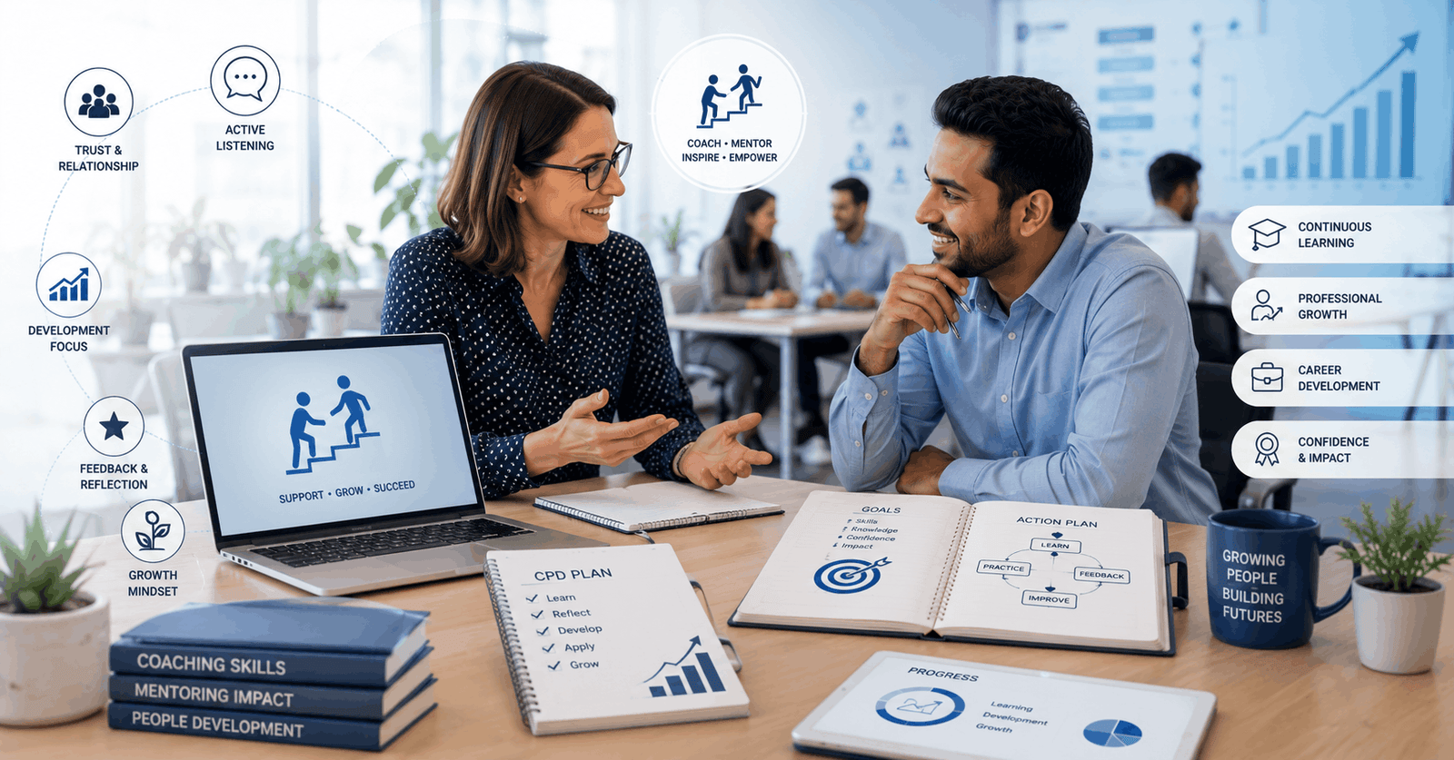 Coaching and mentoring CIPD course showing mentor session, CPD planning notes, reflective discussion and professional development