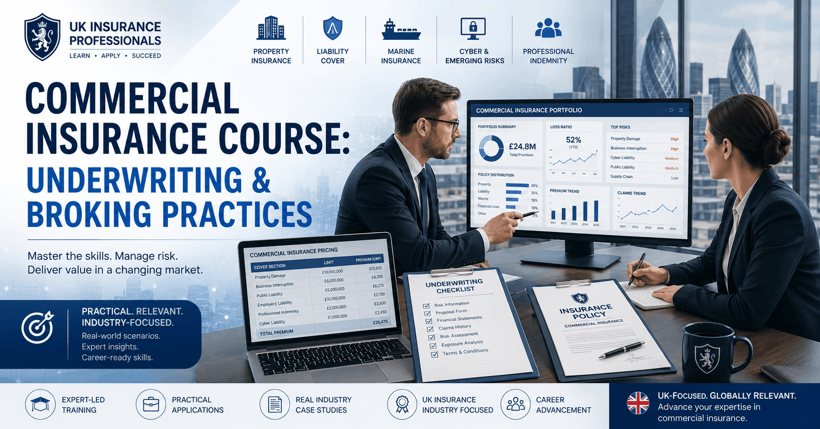 Professional banner showing underwriting, broking, risk analysis, and commercial insurance processes for Commercial Insurance Course