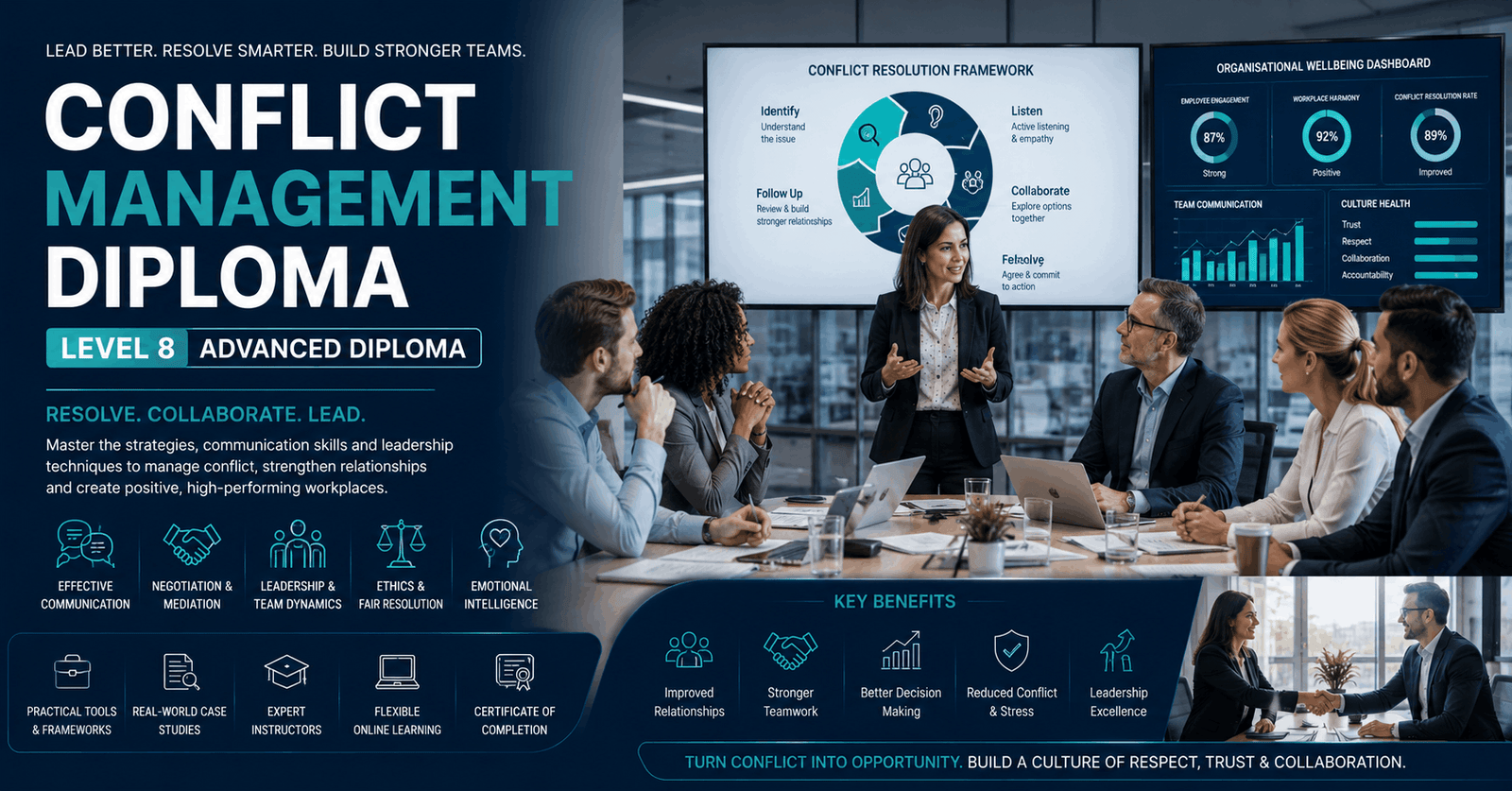 Professionals resolving workplace disputes and negotiations during Conflict Management Diploma training