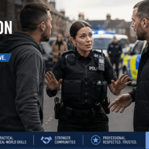 Public service officer using conflict resolution training skills to de-escalate tense situation with calm communication