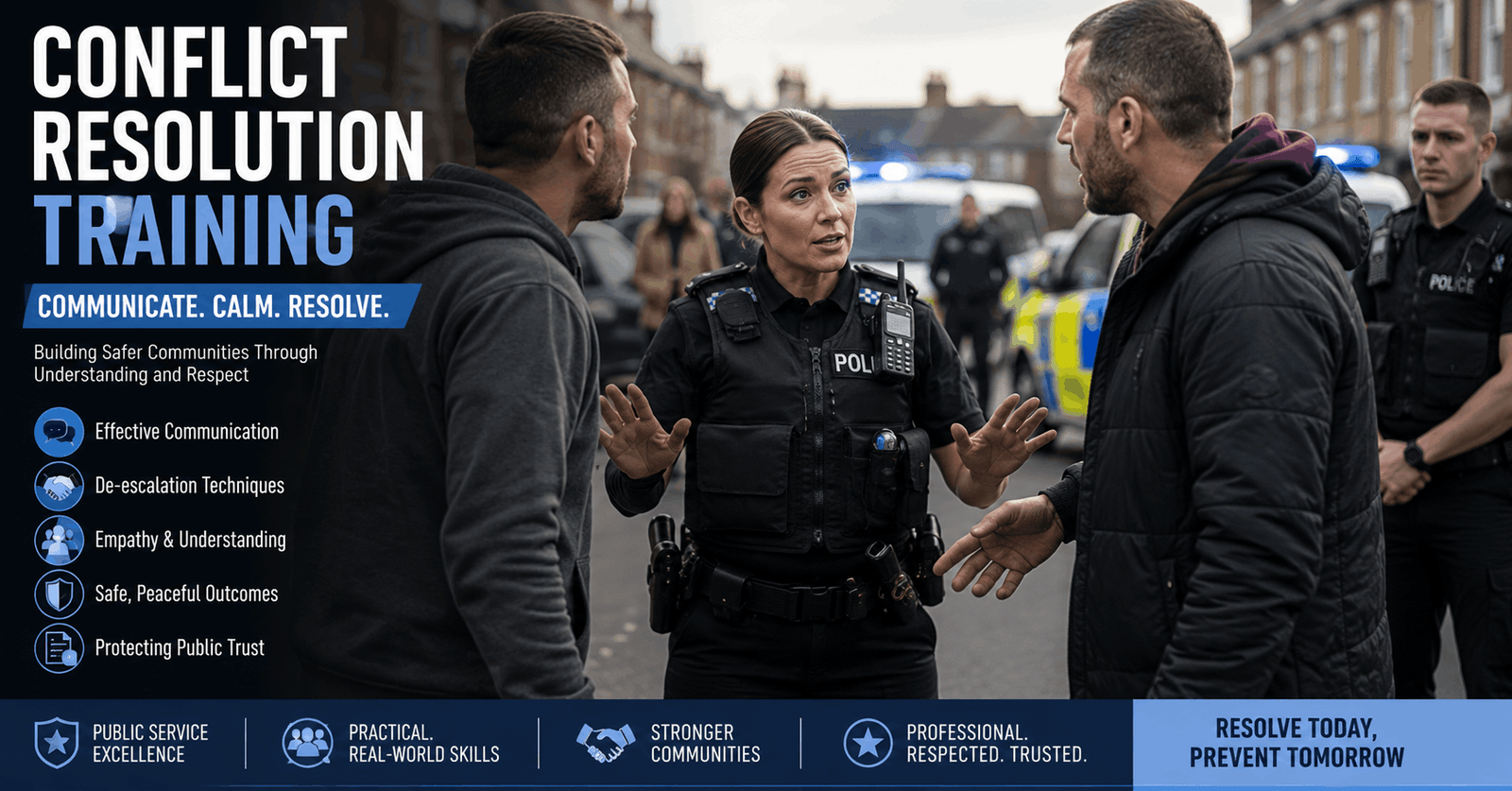 Public service officer using conflict resolution training skills to de-escalate tense situation with calm communication