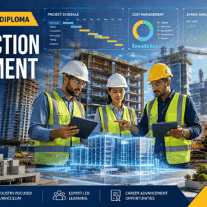 Construction Management Course showing engineers reviewing a large-scale building project with BIM technology and site planning