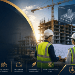 Construction Management Diploma banner showing engineers, construction site, cranes, and digital project planning tools