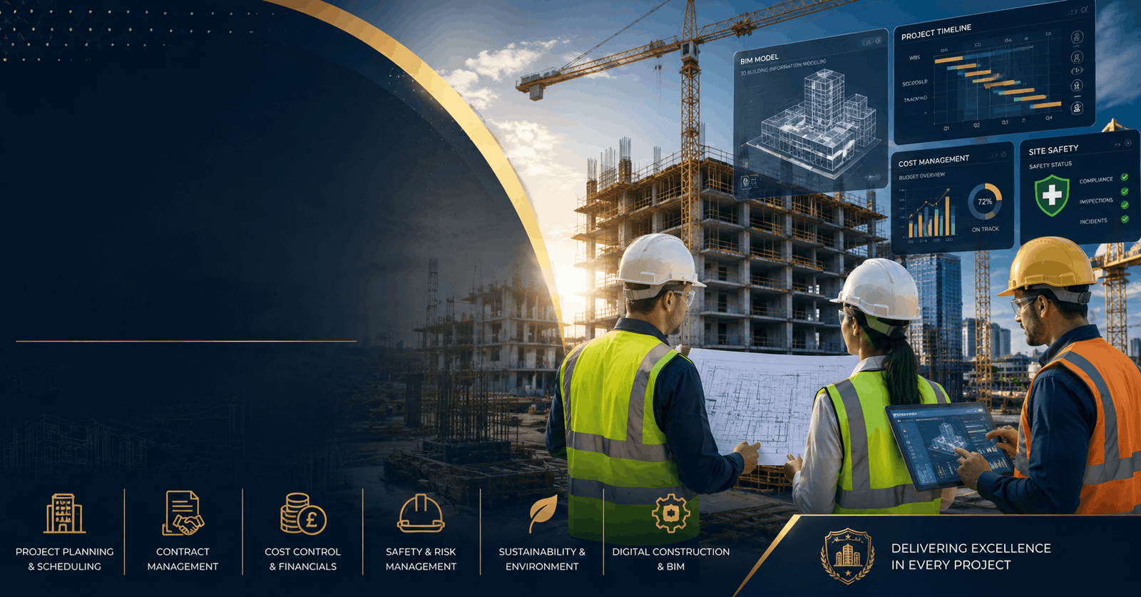 Construction Management Diploma banner showing engineers, construction site, cranes, and digital project planning tools