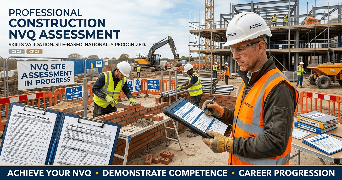 Assessor conducting on-site Construction NVQ Assessment at building site with safety gear and evaluation checklist