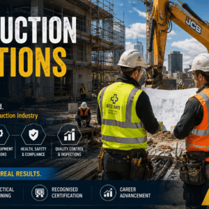 Construction workers on a UK building site during practical training in a Construction Operations Course