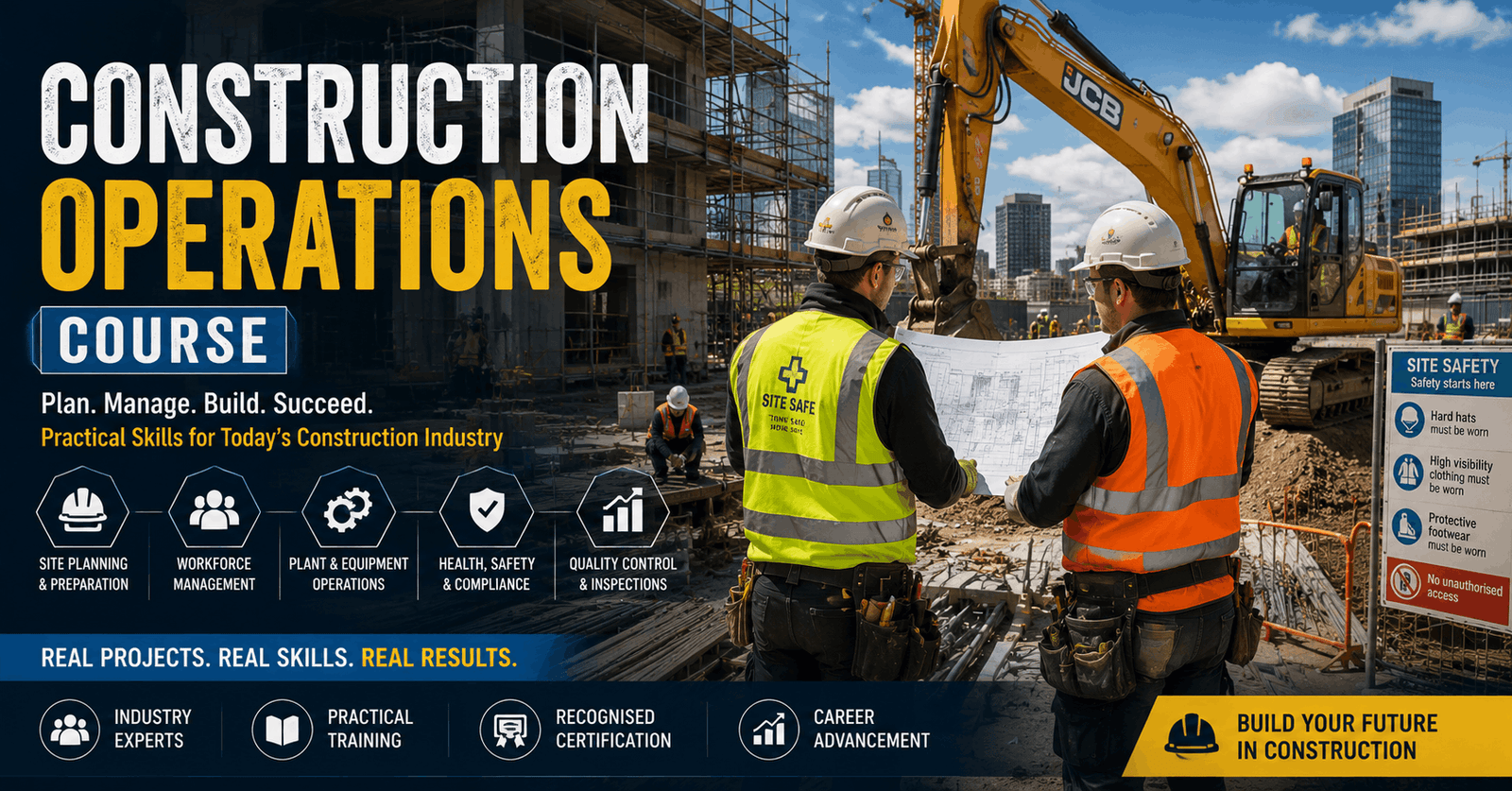 Construction workers on a UK building site during practical training in a Construction Operations Course
