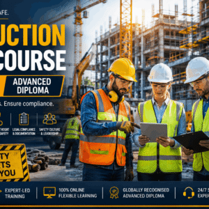 Construction professionals reviewing site hazards during Construction Safety Course training on an active building site