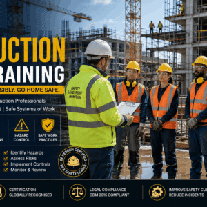 Construction safety training showing workers wearing PPE on construction site with scaffolding and safety inspection activity