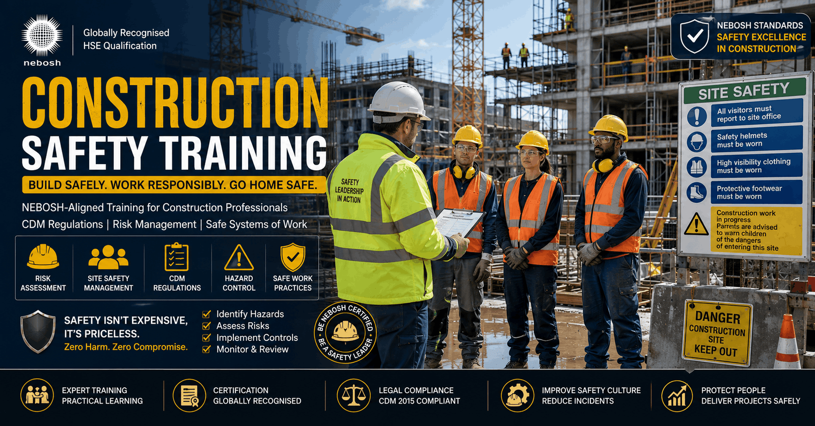 Construction safety training showing workers wearing PPE on construction site with scaffolding and safety inspection activity