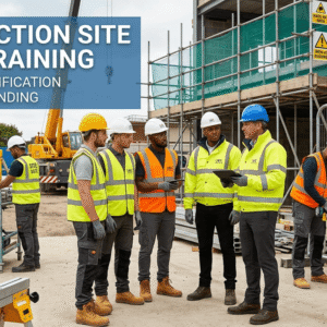 Construction Site Safety Training course showing PPE use, tools, scaffolding, and UK construction site safety practices