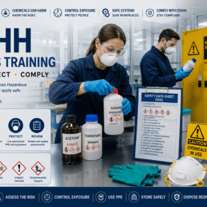 COSHH awareness training showing workers handling hazardous substances safely with PPE and safety data sheets in workplace