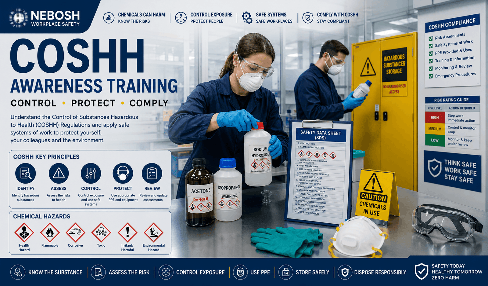 COSHH awareness training showing workers handling hazardous substances safely with PPE and safety data sheets in workplace