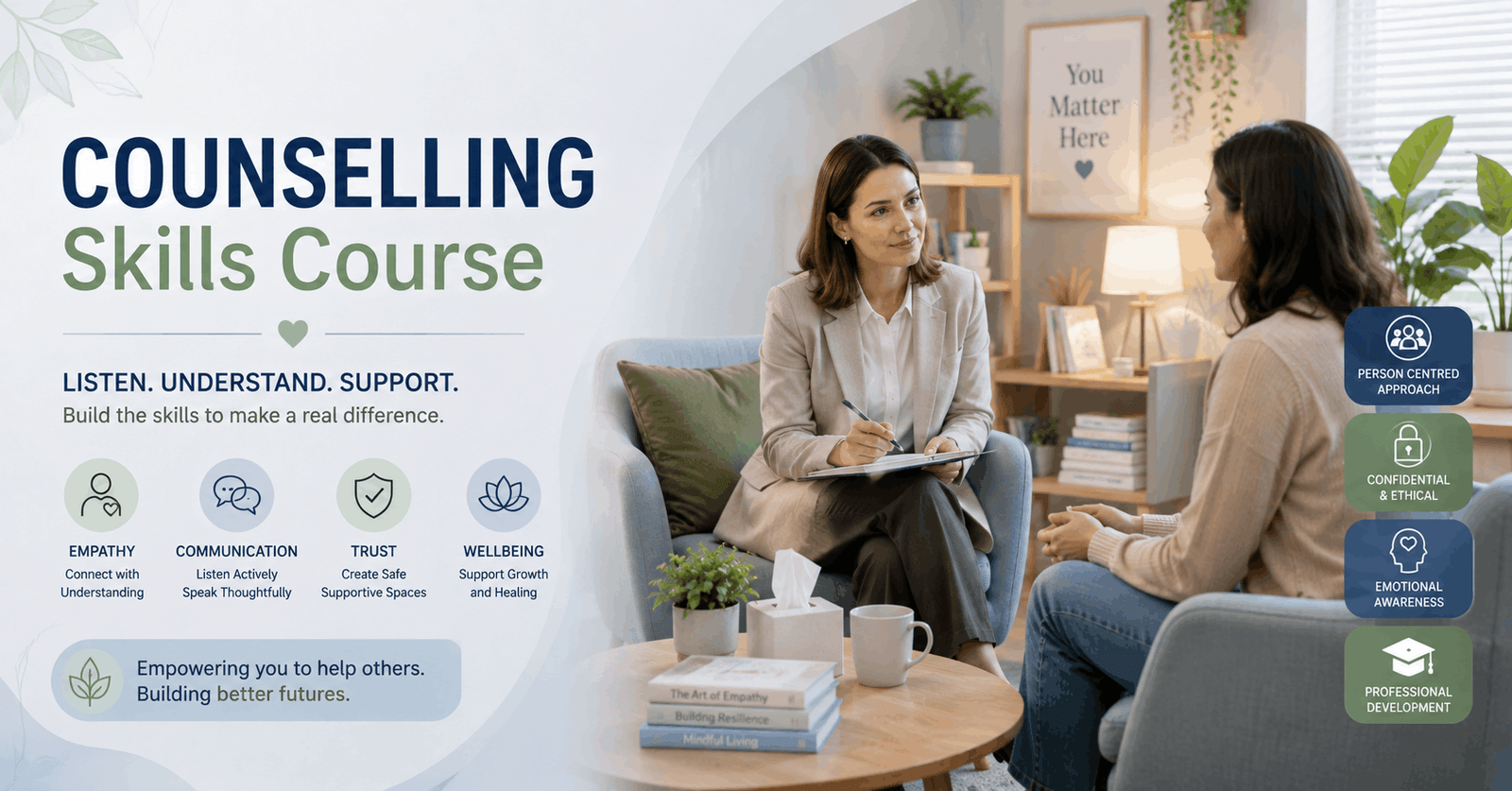 Counselling Skills Course showing a professional counselling session focused on listening, empathy, and supportive communication