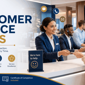 Customer service skills training showing frontline staff assisting customers in a professional workplace environment