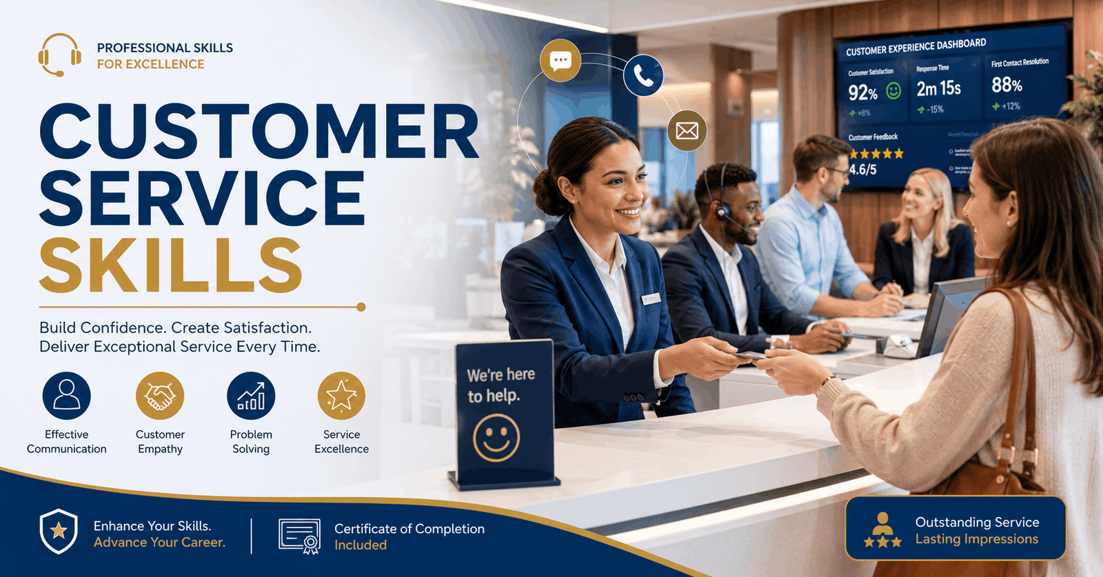 Customer service skills training showing frontline staff assisting customers in a professional workplace environment
