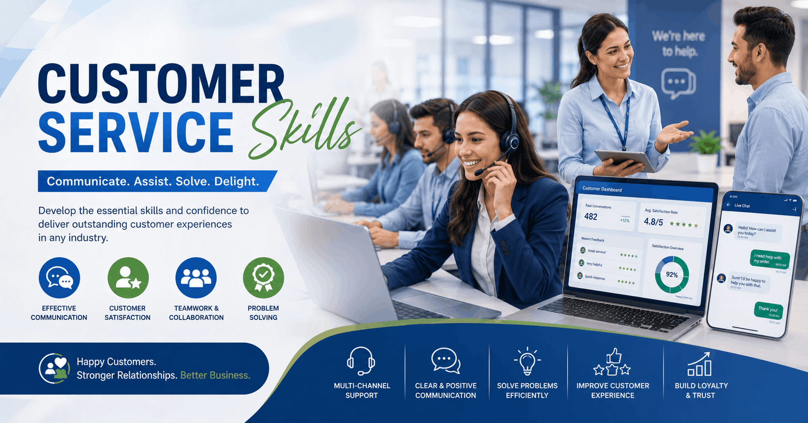 Customer Service Skills Level 3 course showing customer interaction, support desk, and communication training environment
