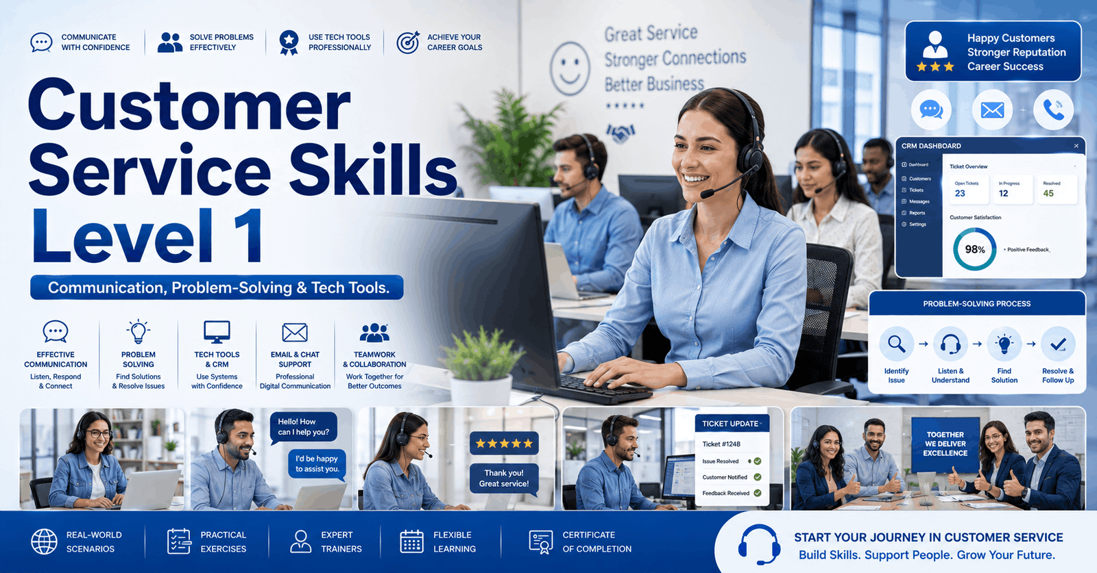 Customer Service Skills course showing communication, problem-solving and digital support tools in a modern workplace